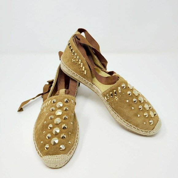 Jimmy Choo Brown Suede Gold Studded Lace Up Flats Espadrille - Picture 4 of 9